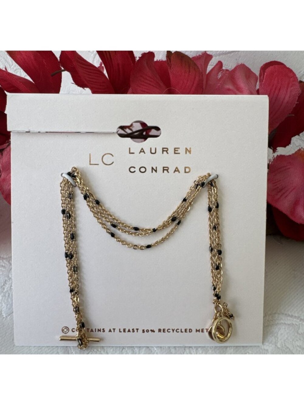 LC Lauren Conrad Black Bead Goldtone 3 Dainty Chain Adjustable Bracelet NWT